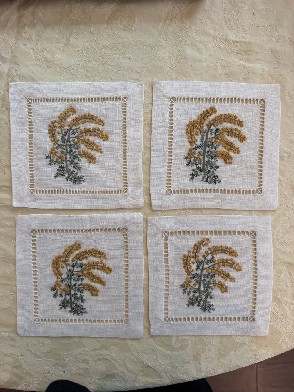 SFERRA Linen Embroidered Floral Cocktail Napkins - Set of 4